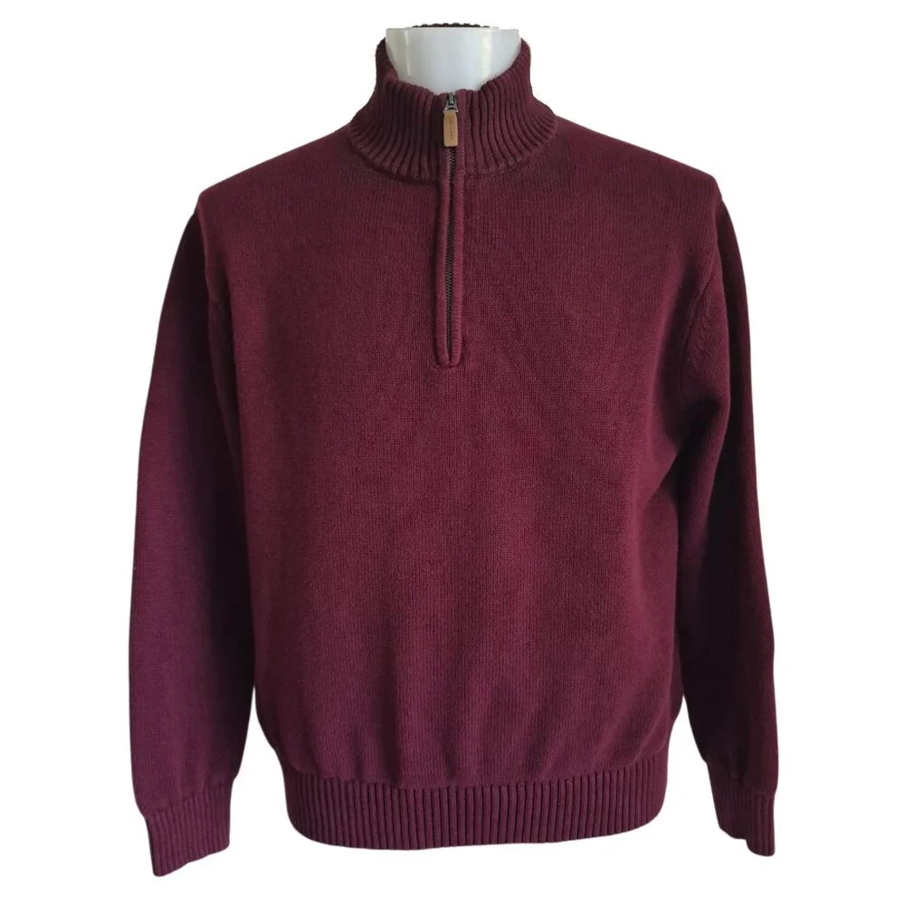 St. John's Bay Quarter Zip 100% Cotton Heavy Knit Sweater Maroon Red Size XL